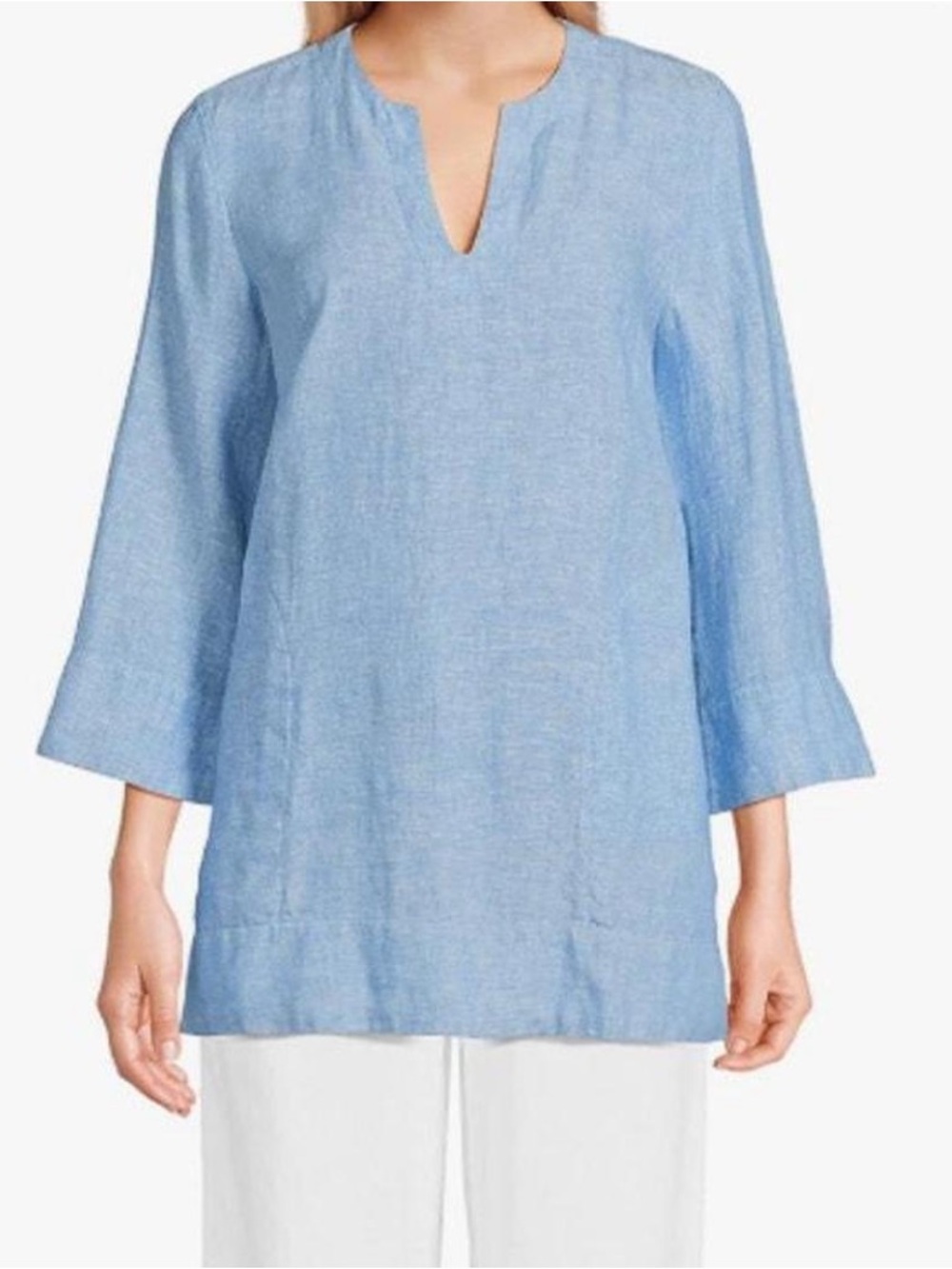 Lands End Light Denim Blue Women’s Tunic Top Split V-Neck, Pockets, Linen, Sz XL